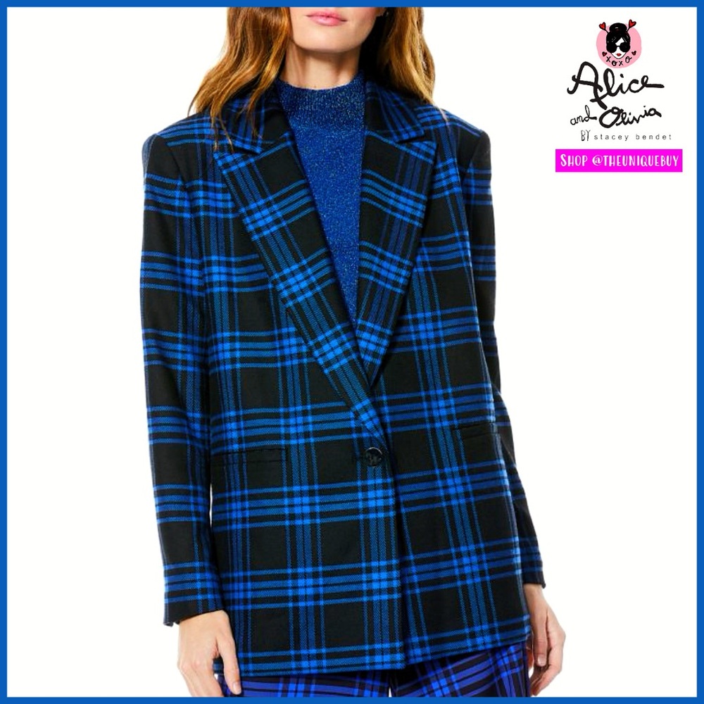 Alice + Olivia Denny Notch Collar Boyfriend Blue Black Alpine Plaid Blazer